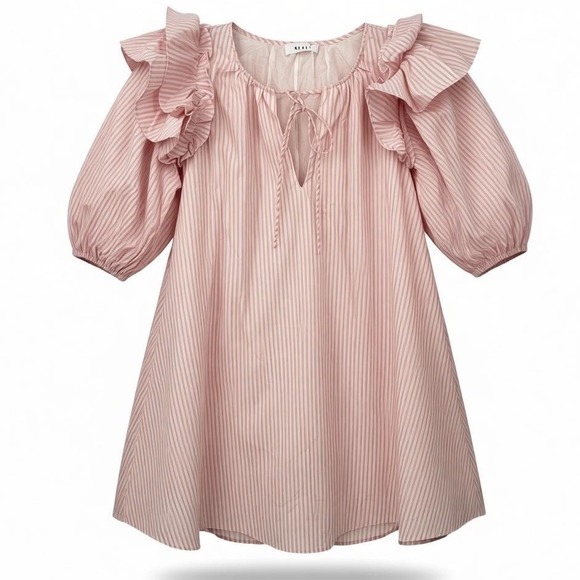Mable The Label Dresses & Skirts - Mable The Label Pink Stripe Ruffle Sleeve‎ Tie Neck Dress Women's SMALL